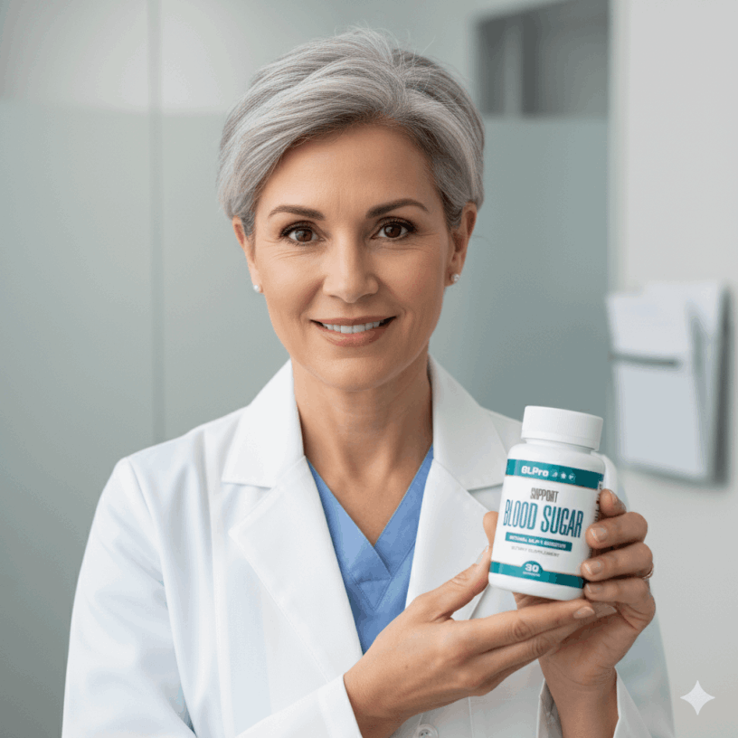 lady doctor holding bottle of GLPro Blood Sugar Support