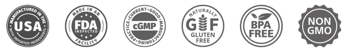 Made in USA, 100% natural, FDA approved, GMP certified badges 